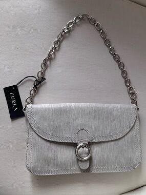 Furla Texturized silver grey Leather Small Shoulder Bag Grey